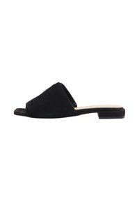 Sorte ruskinds slide-in sandaler med et bredt, kantet overdesign og en flad sål med en let hæl. Glat tekstur med minimalistisk stil.