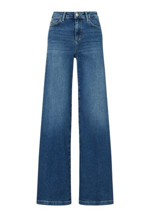 Modré rifle z vysokým pásom, širokými nohavicami, so zapínaním vpredu na gombíky a zips, s pútkami na opasok a prednými i zadnými vreckami.