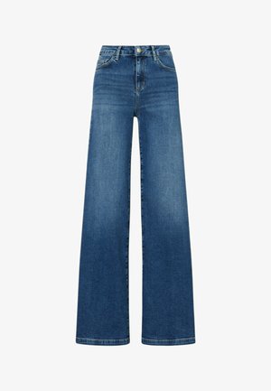 Modré rifle z vysokým pásom, širokými nohavicami, so zapínaním vpredu na gombíky a zips, s pútkami na opasok a prednými i zadnými vreckami.