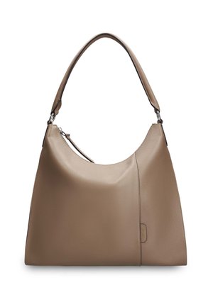 Taupe leather shoulder bag with curved top, single handle, and subtle stitching detail on front side.