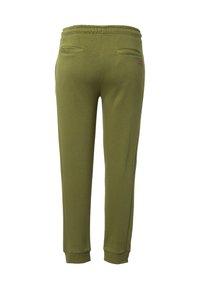 Olivgrüne Sweatpants mit elastischem Taillenbund, schmal zulaufenden Beinen und zwei Gesäßtaschen. Weicher Stoff mit glatter Textur.