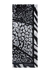 Sciarpa a motivi in bianco e nero con stampe animali di texture diverse. Sezioni geometriche creano un contrasto visivo dinamico.