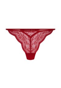 Roter Spitzen-String mit filigranen Blumenmustern und gezackten Kanten, mit einem breiten roten Bund und einem festen Rückenteil für Halt.