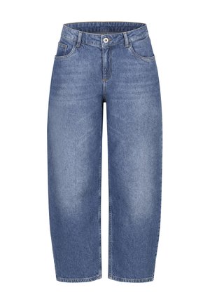 Blue high-waist straight-leg jeans with front button, zipper closure, belt loops, and five-pocket styling.