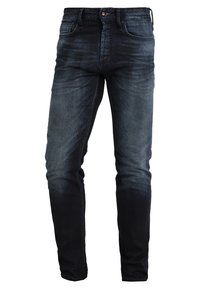 Mörk tvättade denimjeans med smal passform och lätt blekning, har klassisk femficksdesign, knappstängning och bältesöljor.