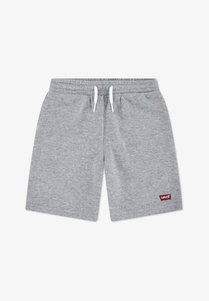 Pantalones cortos de algodón grises con cintura elástica y cordón blanco. Incluyen un pequeño logotipo rojo de Levi's en el dobladillo izquierdo. Textura suave.