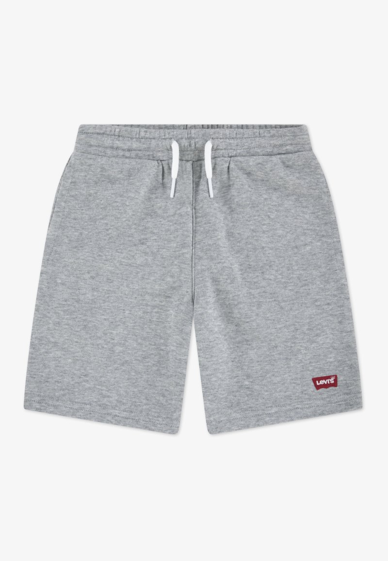 Shorts en coton gris avec une ceinture élastique et un cordon blanc. Présente un petit logo Levi's rouge sur l'ourlet gauche. Texture lisse.