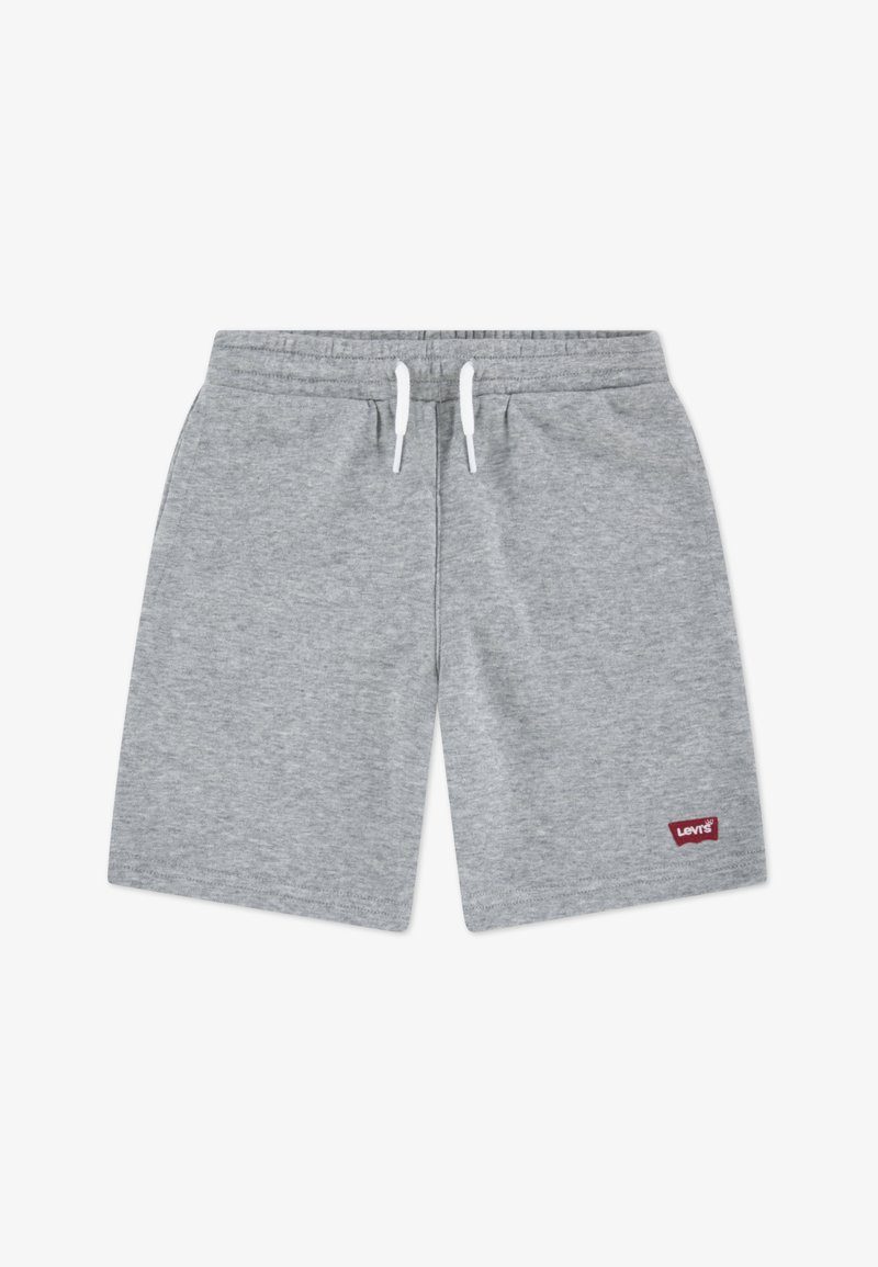 Shorts en coton gris avec une ceinture élastique et un cordon blanc. Présente un petit logo Levi's rouge sur l'ourlet gauche. Texture lisse.