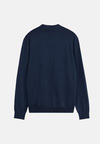 Sudadera azul marino, hecha de tela suave. Presenta un cuello redondo, mangas largas y puños y dobladillo acanalados. Vista trasera, sin patrones ni adornos.