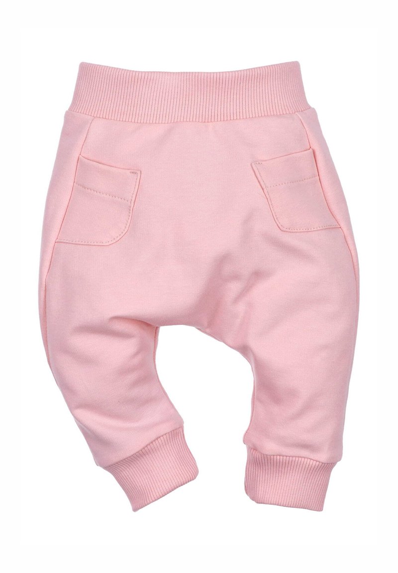 Różowe bawełniane dresy z prążkowanym pasem, dwoma tylnymi kieszeniami i zwężanymi mankietami. Miękka tekstura i luźny krój.