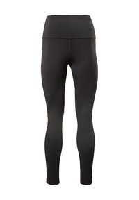 Svarta leggings med hög midja, tillverkade av ett slätt, elastiskt tyg. Har en kroppsnära design utan mönster eller synlig hårdvara.