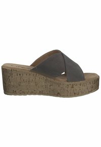 Sandali con piattaforma in suede grigio, con design a incrocio e suola a wedge in sughero di colore marrone chiaro.