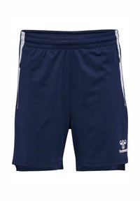 Marineblå atletiske shorts lavet af syntetisk stof, med en åndbar tekstur, elastisk talje og kontrastfarvede hvide side-striber.