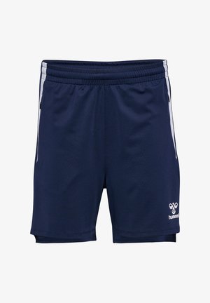 Marineblaue Sportshorts aus synthetischem Material mit atmungsaktivem Gewebe, elastischem Bund und kontrastierenden weißen Seitenstreifen.