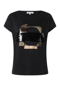 Schwarzes T-Shirt mit kurzen Ärmeln, das auf der Vorderseite ein geometrisches Design aus Pailletten in Gold, Bronze und Schwarz aufweist. Weicher Stoff.