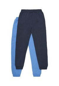 Zwei Paar Jogginghosen: eine marineblaue, eine hellblaue. Aus Baumwollmaterial, mit elastischem Bund und gerippten Säumen. Einfaches Design ohne Muster.