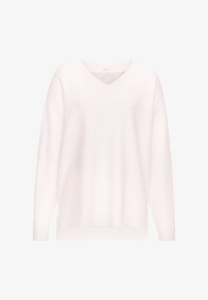 Weißer Strickpullover mit V-Ausschnitt, überschnittenen Schultern und Rippbündchen. Sanfte Textur und gemütlicher Schnitt, mit minimalistischen Designdetails.