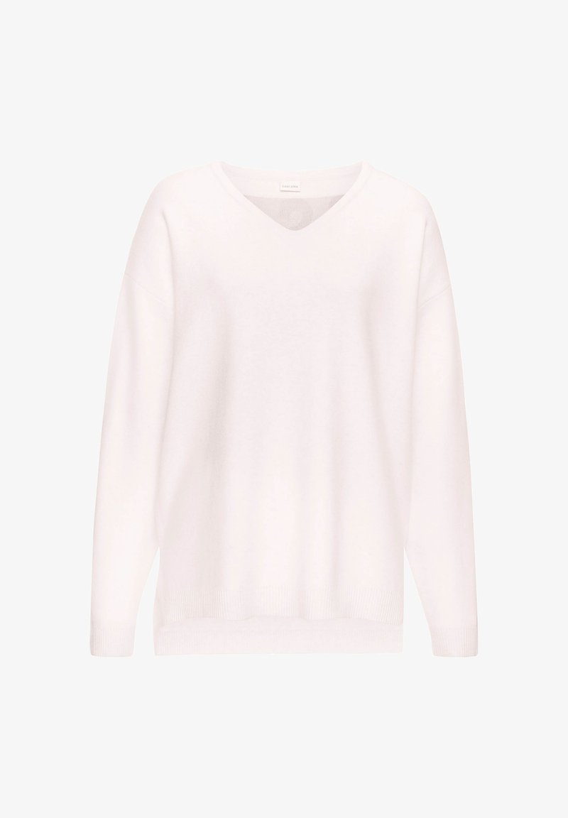 Weißer Strickpullover mit V-Ausschnitt, überschnittenen Schultern und Rippbündchen. Sanfte Textur und gemütlicher Schnitt, mit minimalistischen Designdetails.