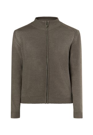 Šedý zipový svetr s vysokým límcem, žebrovanou texturou a dlouhými rukávy. Obsahuje přední zip a obepnutý lem.