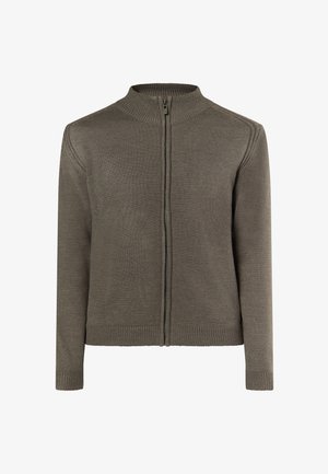 Suéter gris con cremallera y cuello alto, textura acanalada y mangas largas. Presenta una cremallera frontal y un dobladillo ajustado.