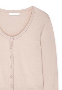 Cardigan beige chiaro con scollo a V, maniche lunghe e sei bottoni sulla parte anteriore. Tessuto a maglia liscia e bordo a coste.