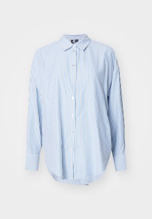 Blauw-wit gestreepte blouse met een button-down kraag, lange mouwen en een relaxte pasvorm. Gemaakt van lichtgewicht stof, met knopen aan de voorkant.