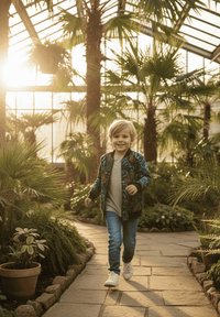 Małe dziecko idące po kamiennej ścieżce wewnątrz słonecznego szklarnika otoczonego tropikalnymi roślinami i palmami.