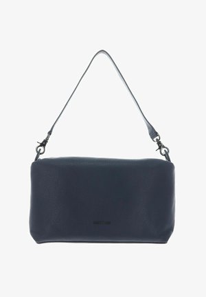 Donkerblauwe leren handtas met een gestructureerd oppervlak, rechthoekige vorm, enkele schouderband en metalen accenten.