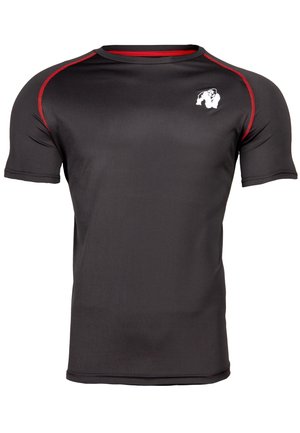 Black short-sleeve athletic shirt with red accents along the shoulders and collar. Features a white logo on the upper left chest area.
