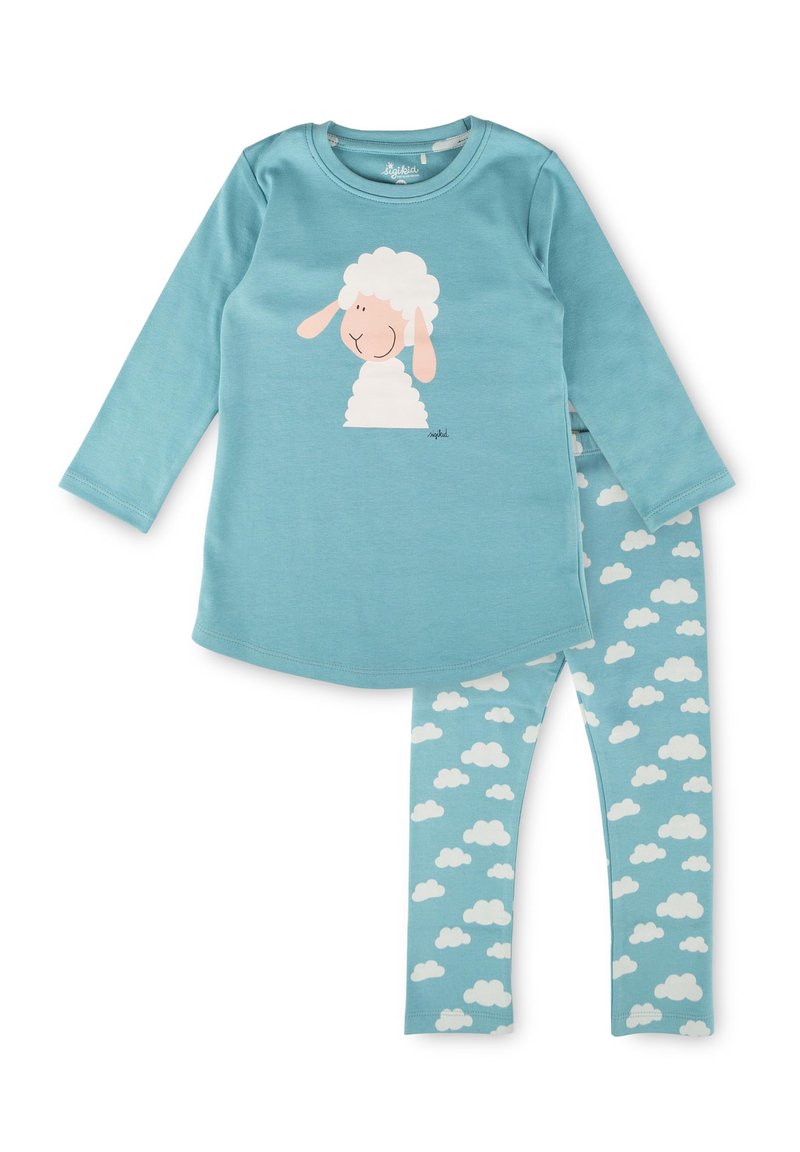 Children’s blue long-sleeve top with sheep graphic and matching leggings with white cloud pattern on a white background.