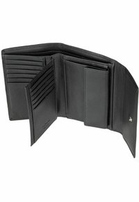 Black leather wallet with multiple card slots, a central compartment, and a textured finish. Features neat stitching and a snap closure.