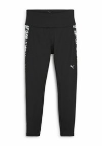 Fekete leggings széles derékpánttal, fehér levélmintával az oldalán és egy kis fehér logóval a lábszár alsó részén.