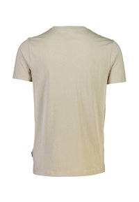 Beige bomulds t-shirt med korte ærmer og rund hals. Bagsiden har et ensfarvet design med en lille sideetiket. Glat tekstur.