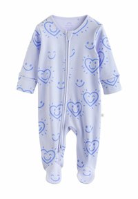 Un body pour bébé à rayures violet clair avec des motifs de cœurs bleus et de visages souriants, à manches longues, avec des pieds, et une fermeture éclair à l'avant.