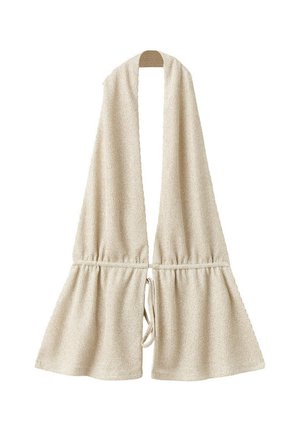 Écharpe beige tricotée avec des extrémités évasées et un cordon à la taille, présentée à plat sur fond blanc.