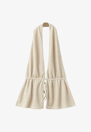 Écharpe beige tricotée avec des extrémités évasées et un cordon à la taille, présentée à plat sur fond blanc.