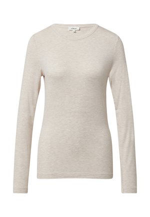 Beżowa koszula z długim rękawem wykonana z miękkiego, lekkiego materiału. Posiada okrągły dekolt i dopasowany krój z minimalną ilością szwów.