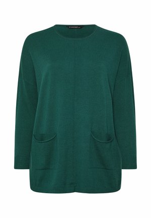 Groene gebreide trui met een ronde halslijn, lange mouwen, twee opgestikte zakken aan de voorkant en geribbelde manchetten. Zachte textuur en een ontspannen pasvorm.