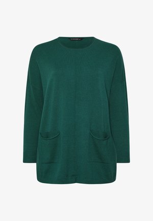 Groene gebreide trui met een ronde halslijn, lange mouwen, twee opgestikte zakken aan de voorkant en geribbelde manchetten. Zachte textuur en een ontspannen pasvorm.