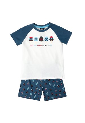 Conjunto de pijama de manga corta de Star Wars con mangas raglán azules, estampados de casco y helado, y texto «Que la fuerza te acompañe» en la camiseta.