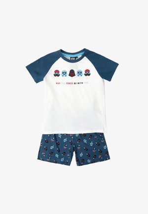 Conjunto de pijama de manga corta de Star Wars con mangas raglán azules, estampados de casco y helado, y texto «Que la fuerza te acompañe» en la camiseta.