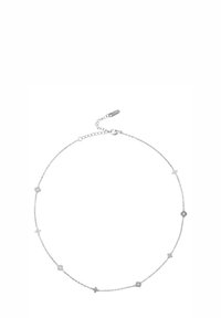 Silver chain necklace featuring hexagonal and star-shaped links, with a delicate design and an adjustable clasp for sizing.