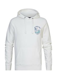 Felpa bianca in cotone con tasca frontale, cappuccio con cordino e una stampa grafica con elementi tropicali e testo sul petto.