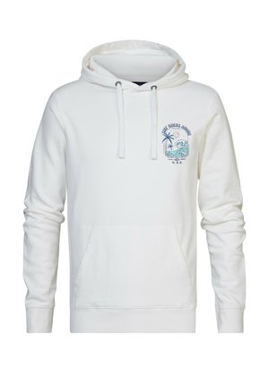 Sudadera blanca de algodón con un bolsillo frontal, capucha con cordón y una impresión gráfica con elementos tropicales y texto en el pecho.