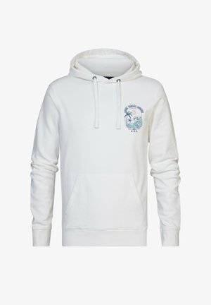 Felpa bianca in cotone con tasca frontale, cappuccio con cordino e una stampa grafica con elementi tropicali e testo sul petto.