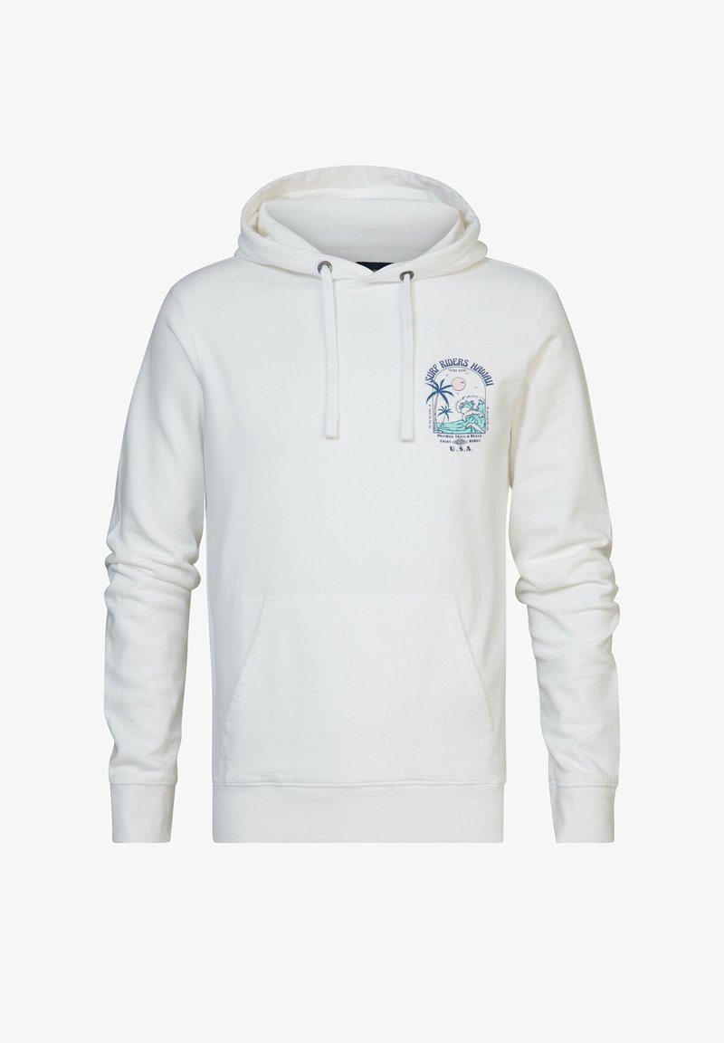 Fehér pamut kapucnis pulóver, elülső zsebbel, húzózsinórral ellátott kapucnival és trópusi elemekkel díszített grafikai nyomattal a mellkason.