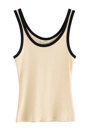 Ærmeløs ribbet beige top med sort kant rundt halsudskæring og ærmegab, lavet af letvægtsstof.