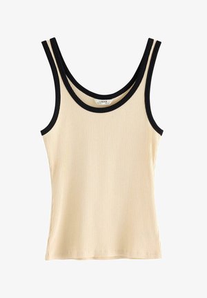 Ærmeløs ribbet beige top med sort kant rundt halsudskæring og ærmegab, lavet af letvægtsstof.