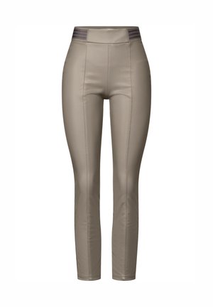 Leggings in finta pelle beige con vita alta, caratterizzati da cuciture strutturate e una superficie liscia. Design a vestibilità aderente con lunghezza alla caviglia.