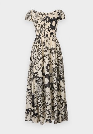 Floral maxi dress with a smocked bodice, cap sleeves, and a beige background. Features black floral patterns and a flowing, pleated skirt.